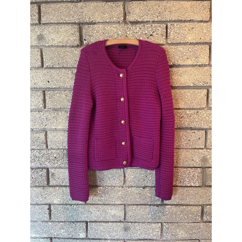 Talbots Womens XS Fuchsia Crochet Knit Cardigan With Gold Button Closure & Front